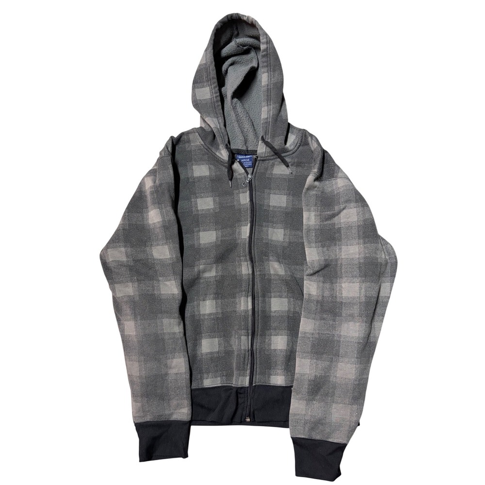 Highland Outfitters Mens Large Grey Plaid Full Zip Fleece Hoodie Jacket Y2K